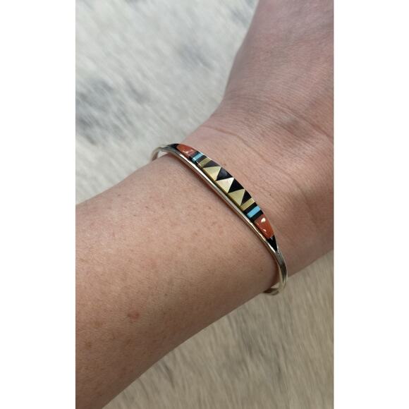 Native American Jewelry - Vintage Sterling Silver Zuni Cena Inlaid Turquoise Onyx Coral Cuff Bracelet